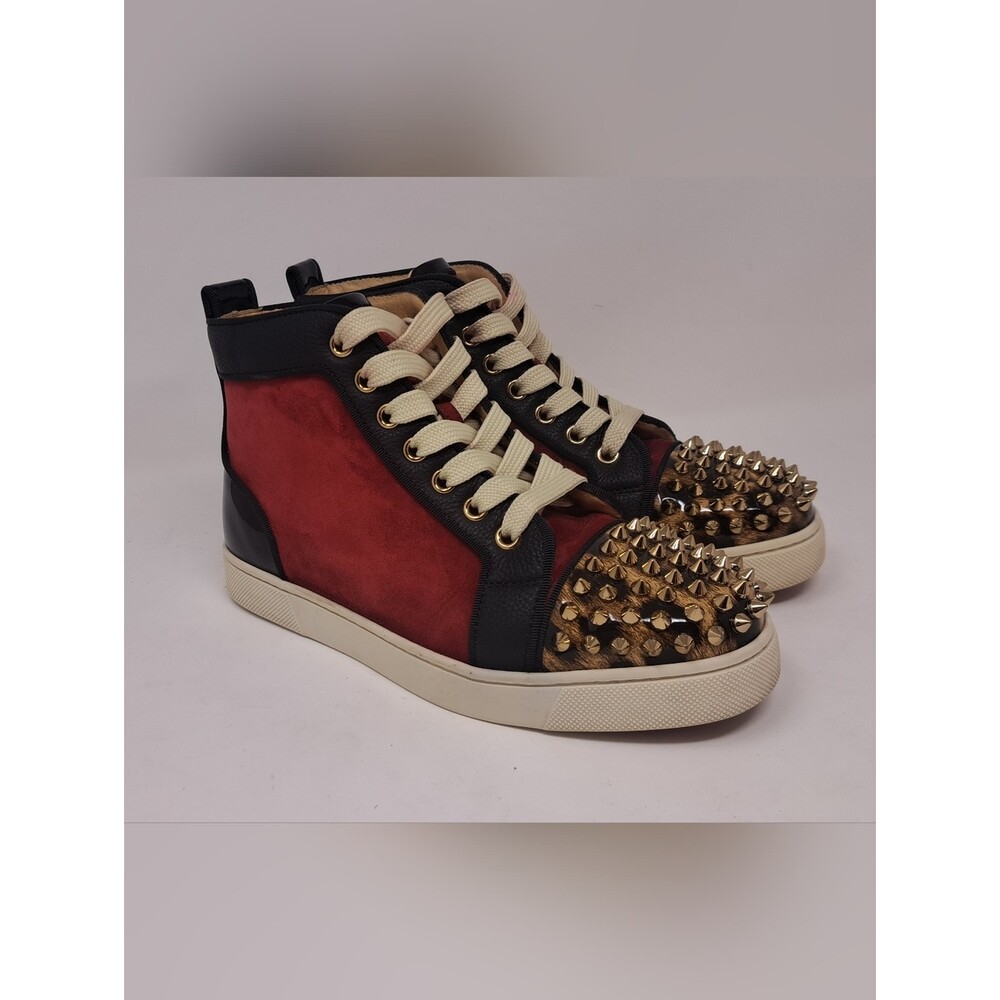 Christian Louboutin Womens High Top Sneakers Shoes spikes Leopard Red 35.5 / 5.5